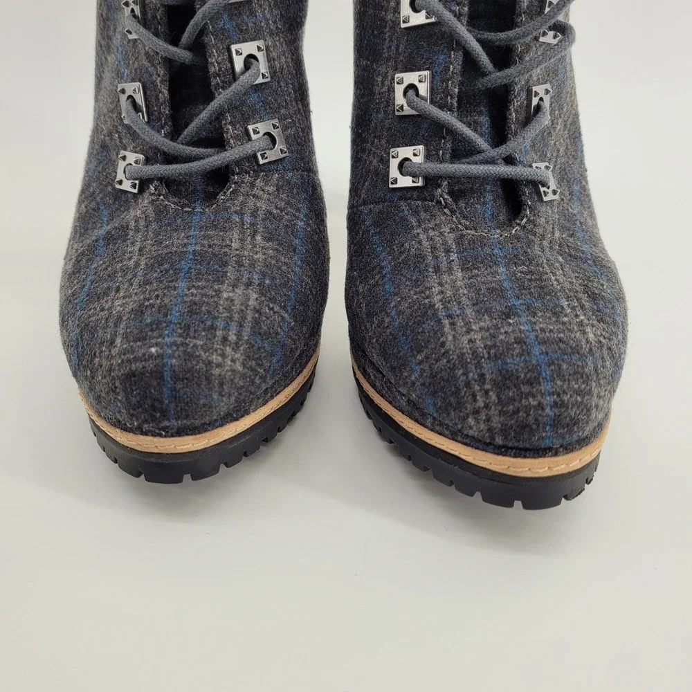 Gianni Bini Tosti Grey Plaid Lace Up Stiletto Platform Ankle Boots Womens 7M